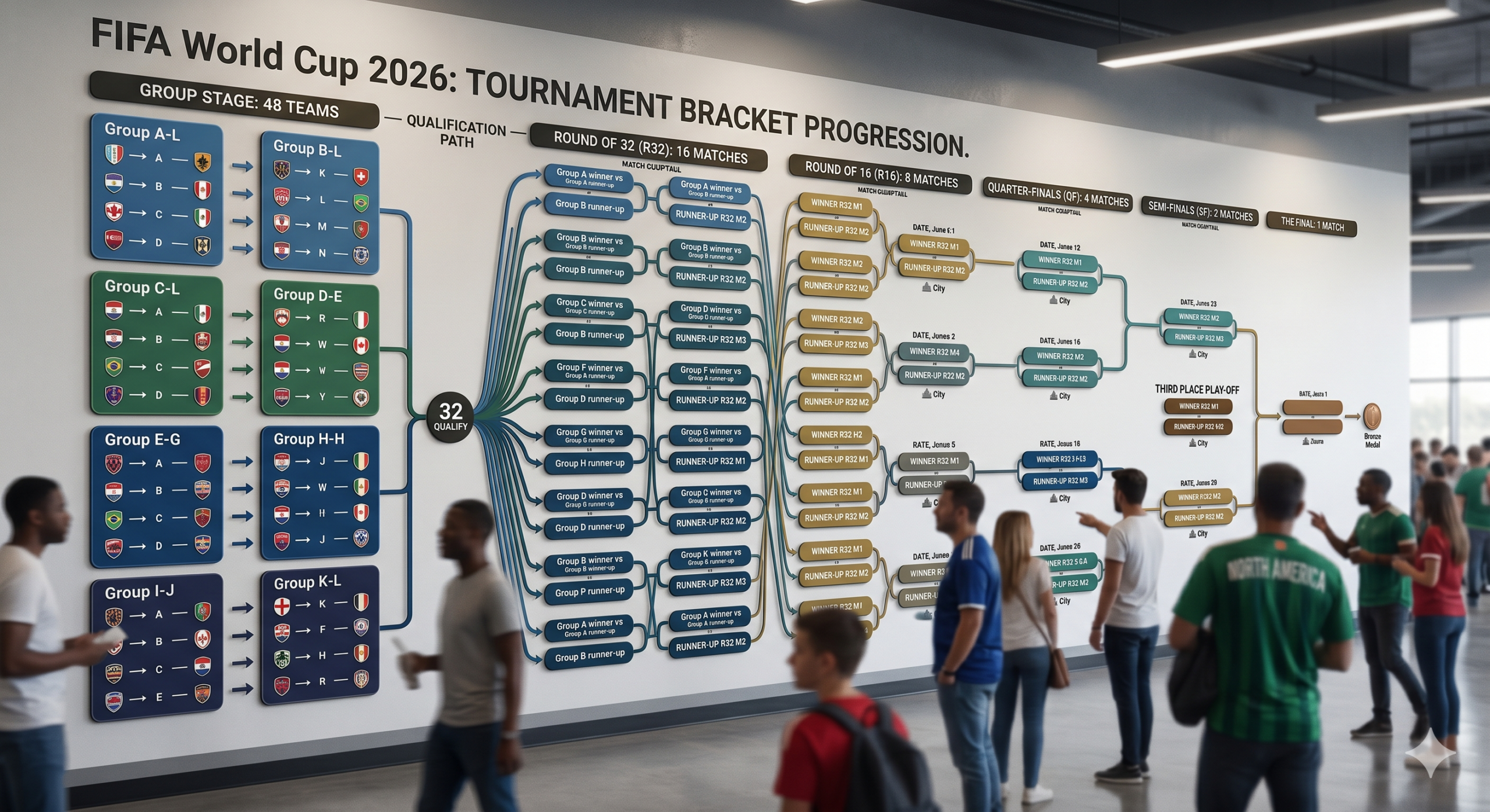 Comprehensive flow chart outlining the tournament progression from the 48-team group stage through the Round of 32, Round of 16, Quarter-finals, Semi-finals, and Final.