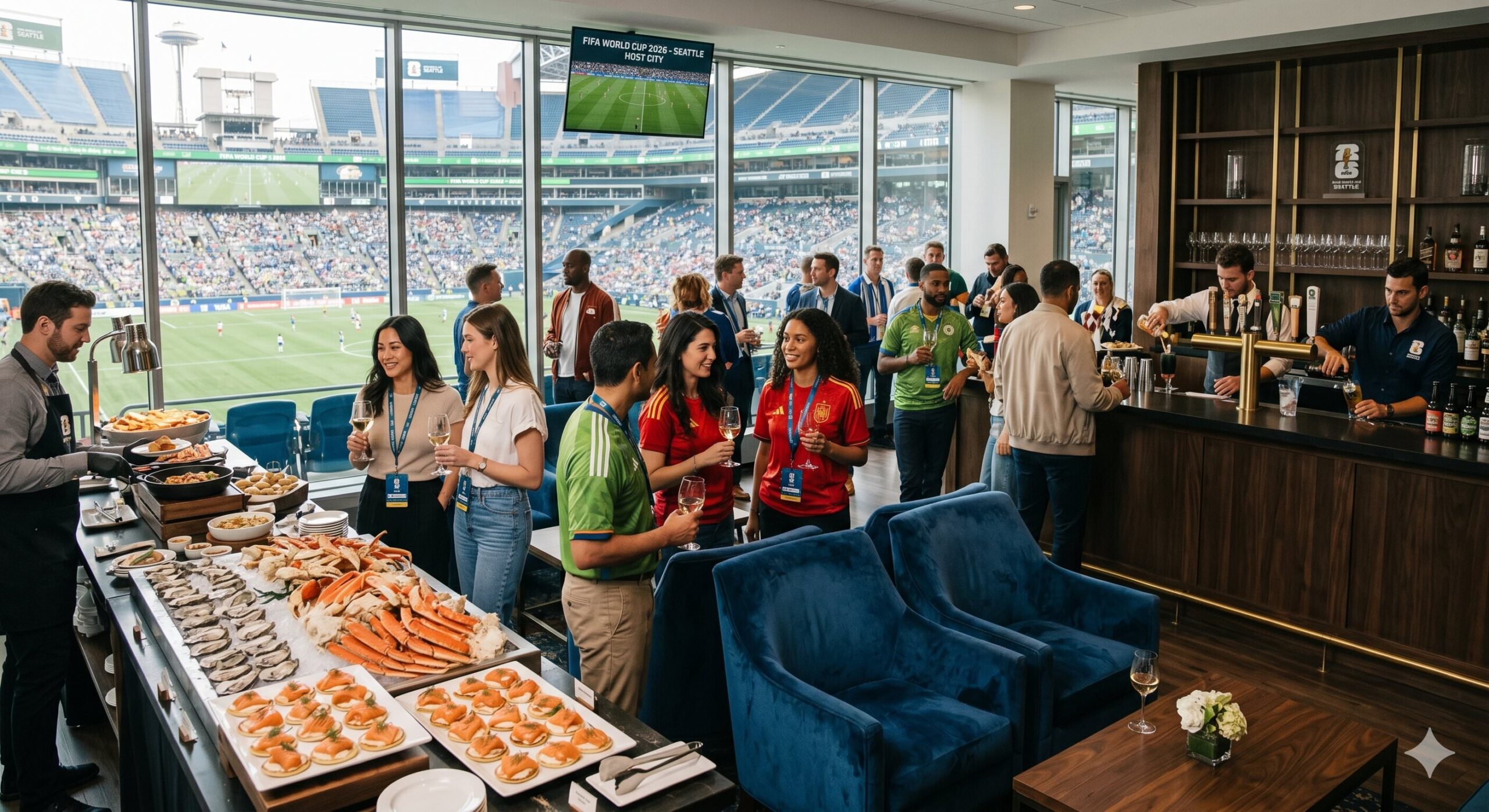 Exclusive hospitality lounge in Seattle for World Cup matchgoers featuring signature Northwest seafood catering and premium beverages.