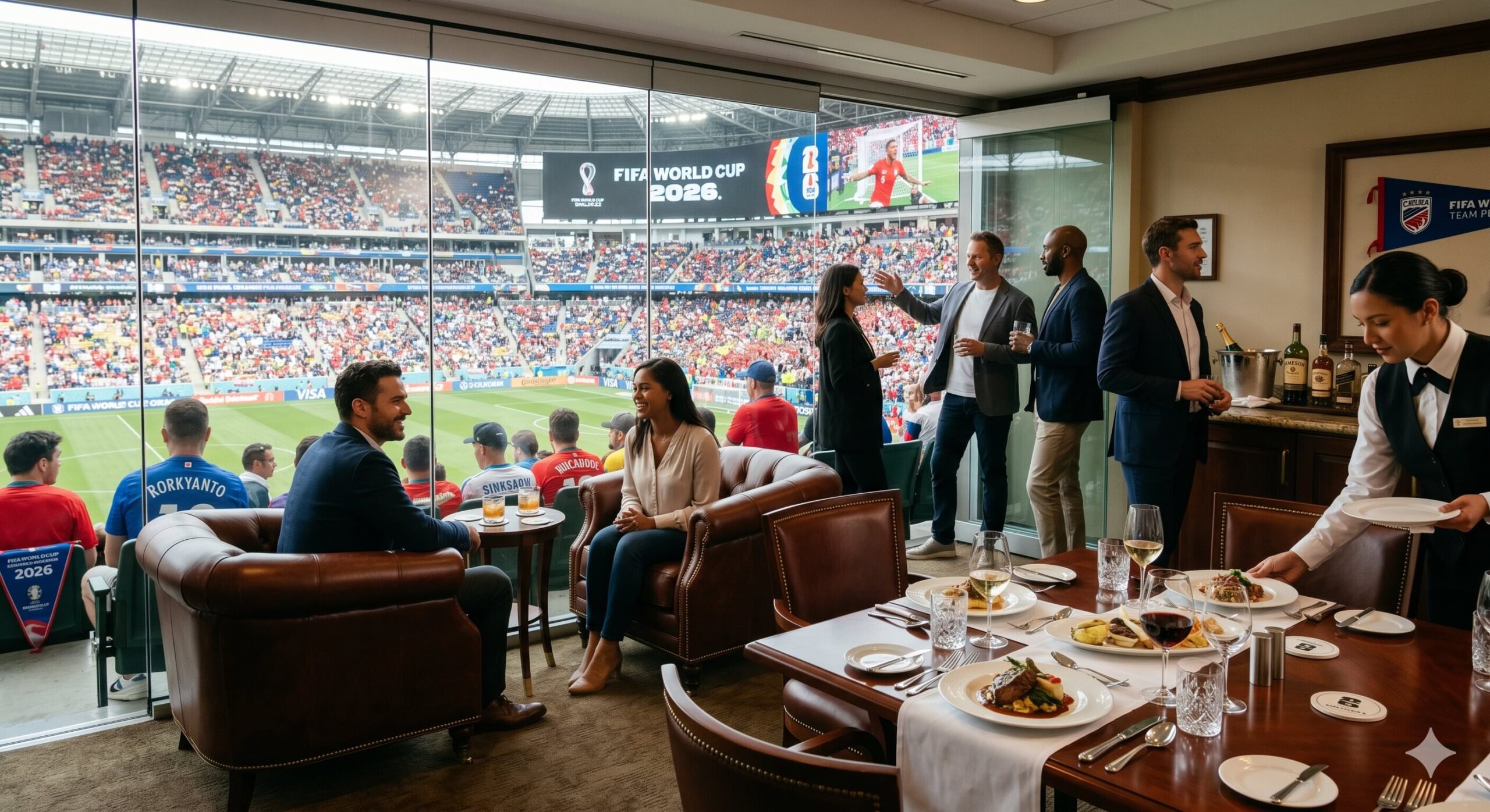 Luxurious private stadium suite at the FIFA World Cup 2026 featuring panoramic field views, fine dining, and plush leather seating.