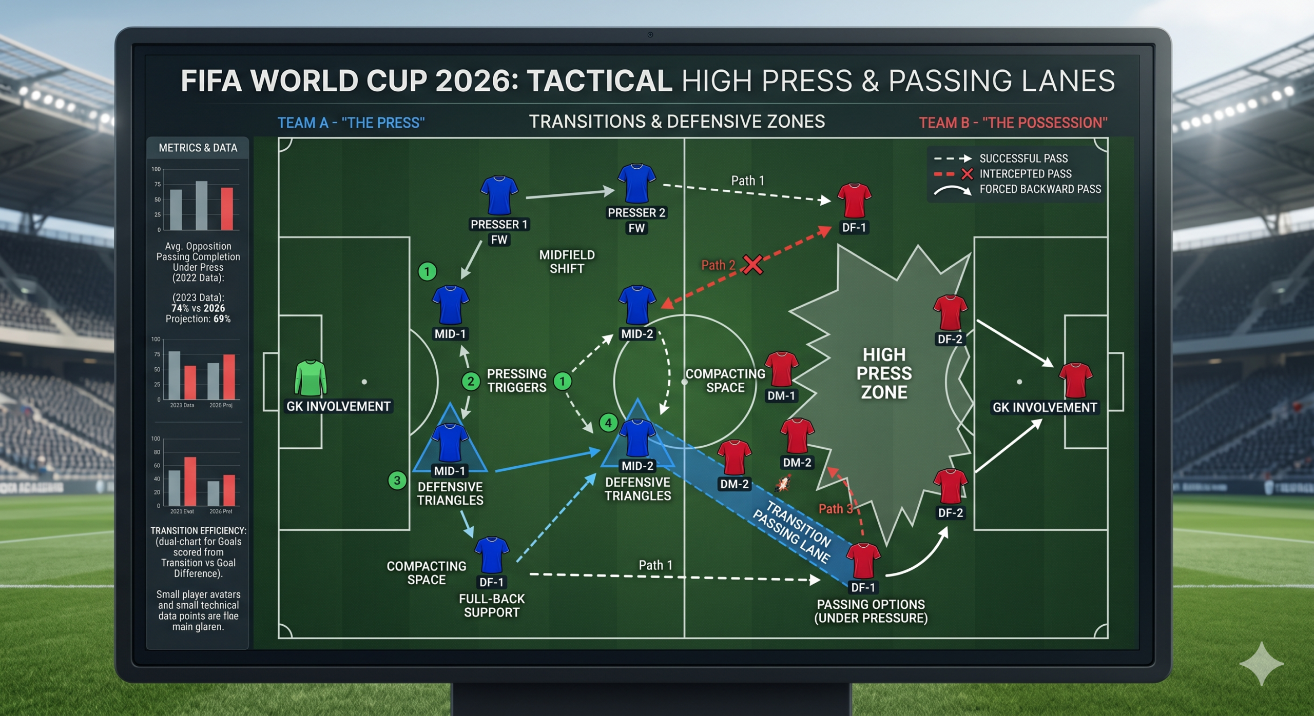 Soccer tactical board mapping passing paths and defensive zones during high-intensity pressing transitions.