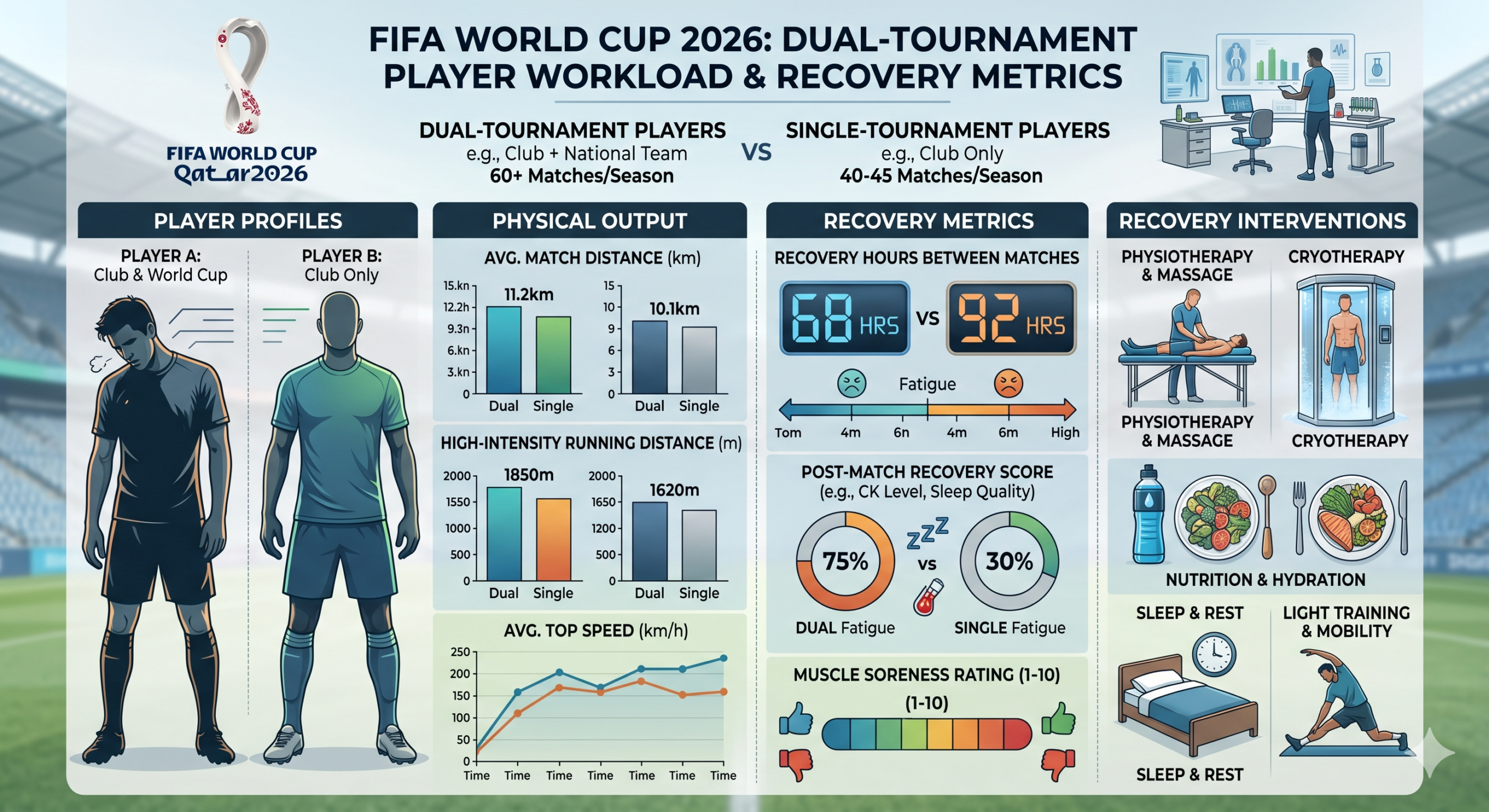 Sports science infographic comparing physical output and recovery hours for dual-tournament professional soccer players.