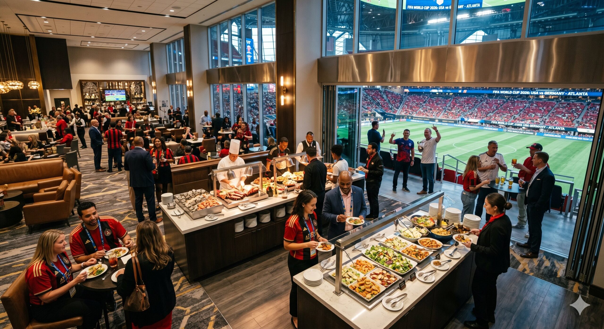 Vibrant premium club section at the Atlanta stadium showcasing direct executive terrace access and gourmet buffet spreads.