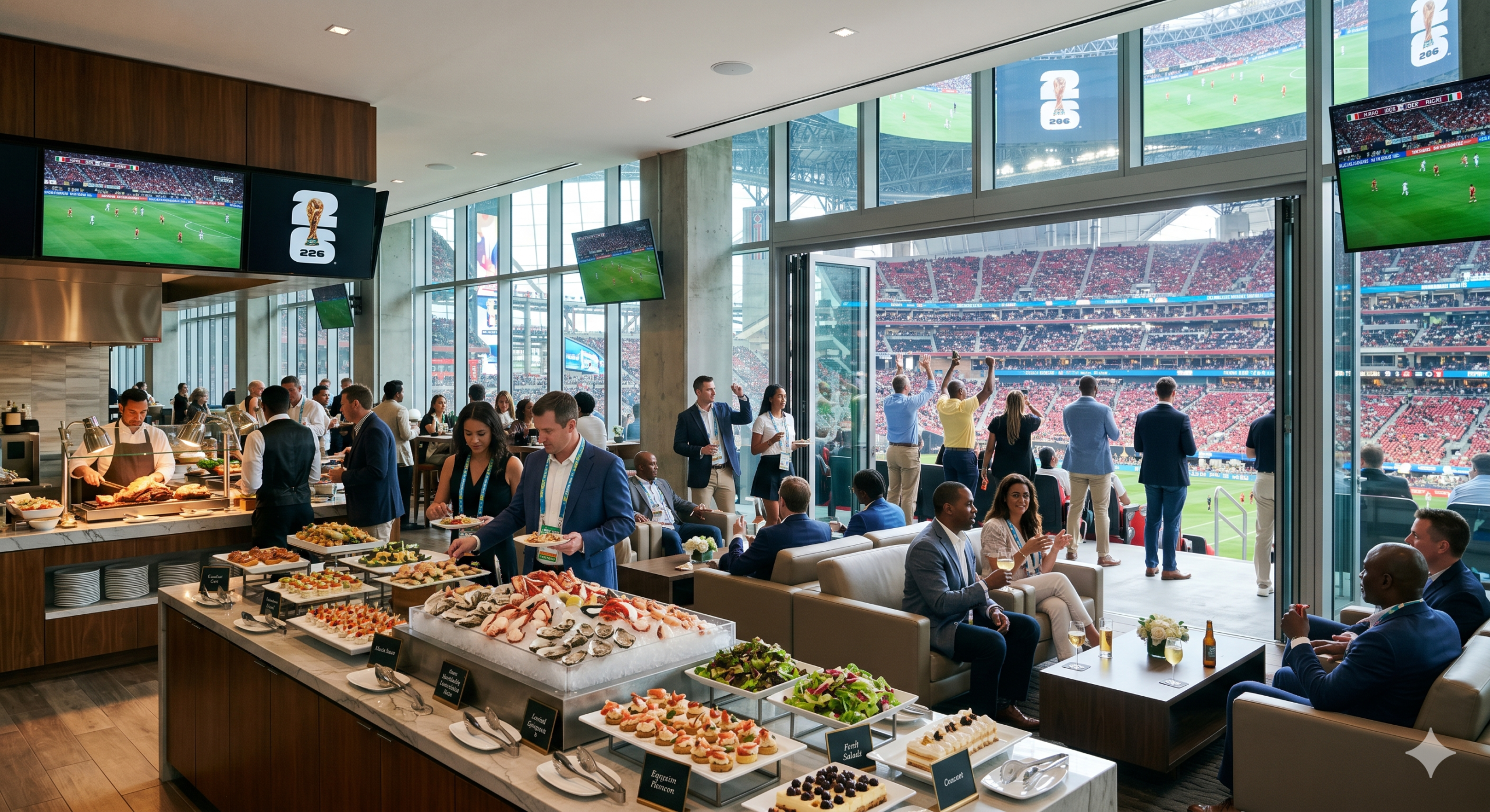 Vibrant premium club section at the Atlanta stadium showcasing direct executive terrace access and gourmet buffet spreads.