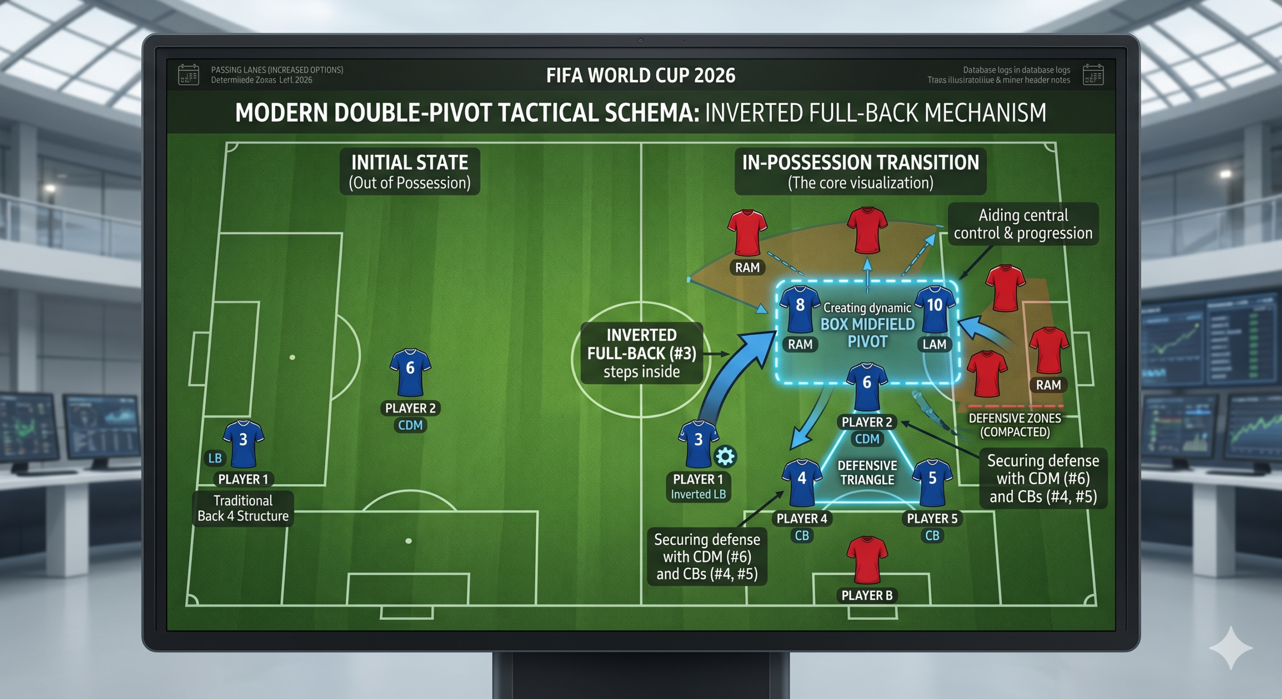 Tactical soccer diagram showing an inverted full-back stepping inside to create a box midfield pivot alongside the central defensive midfielder.