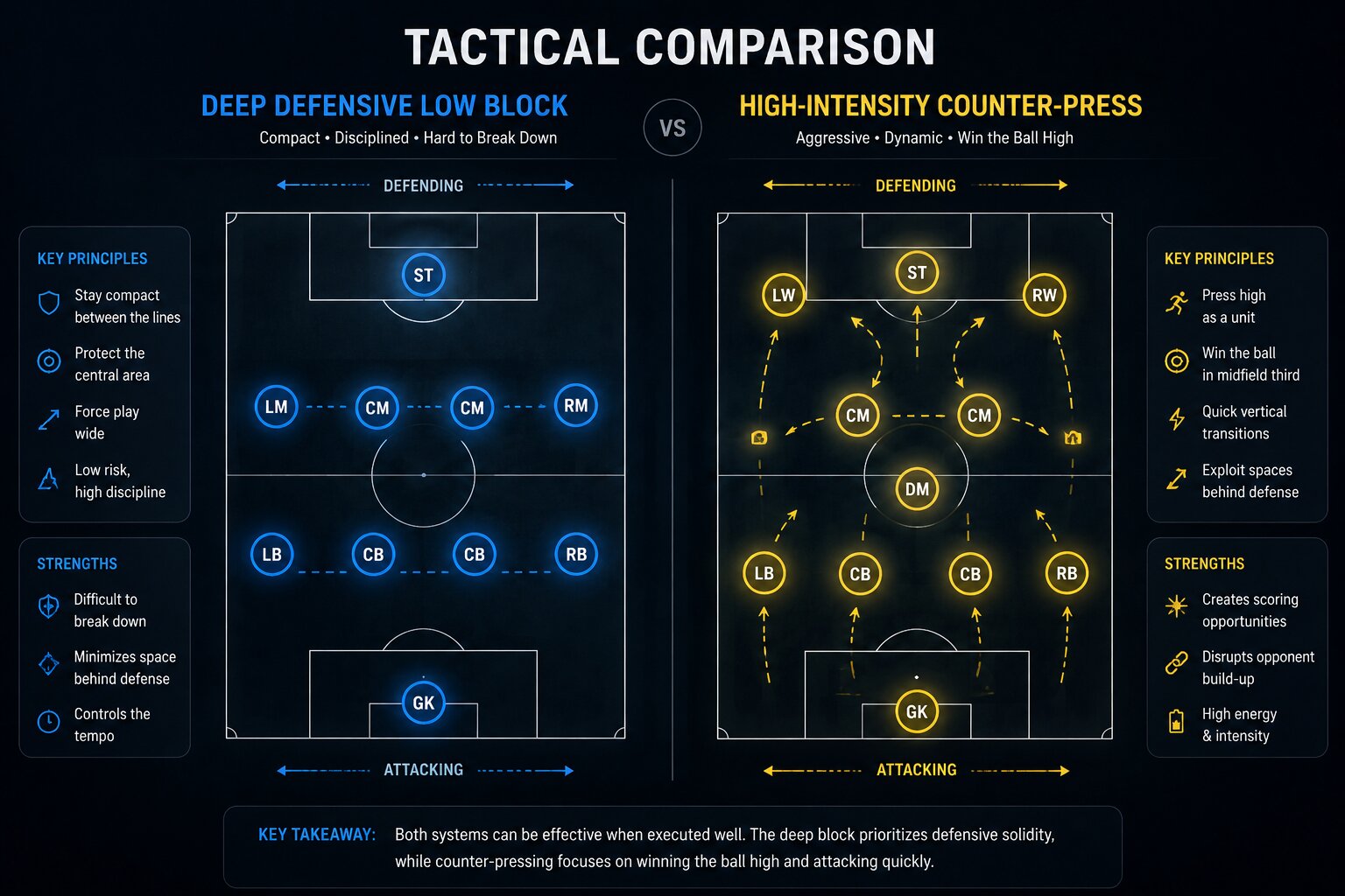 A detailed tactical chalkboard diagram displaying a football pitch layout with glowing neon blue and yellow circular nodes representing player positions, comparing a deep defensive low block structure with a modern high-intensity counter-pressing system.