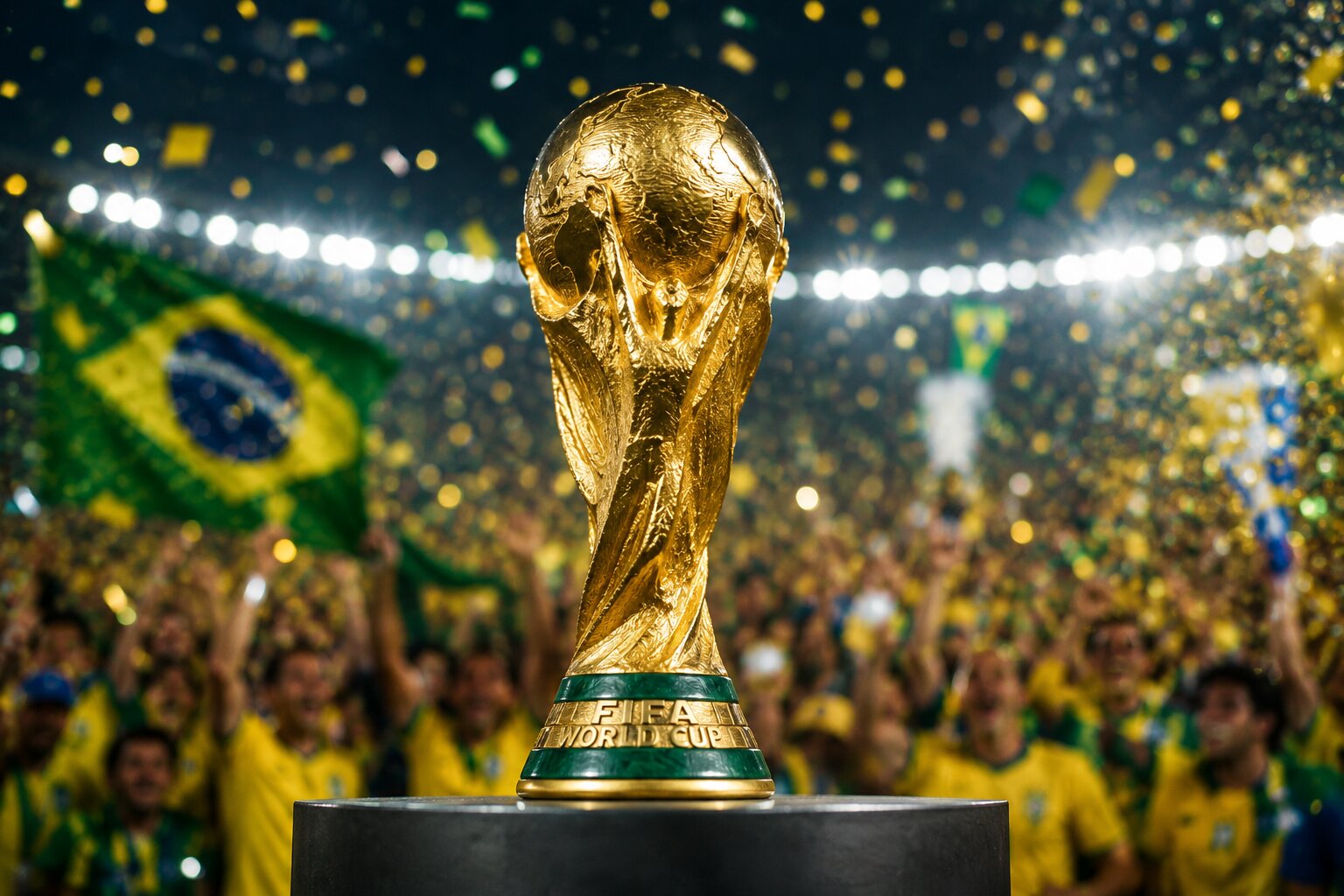 An evocative image of the golden FIFA World Cup trophy gleaming under stadium lights