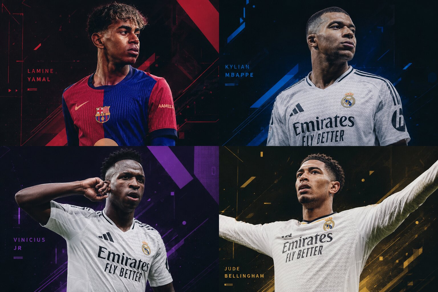 A collection of four sleek individual player action portraits featuring Lamine Yamal, Kylian Mbappe, Vinicius Jr, and Jude Bellingham, styled under a dark cyberpunk editorial theme with colorful abstract geometric highlights.