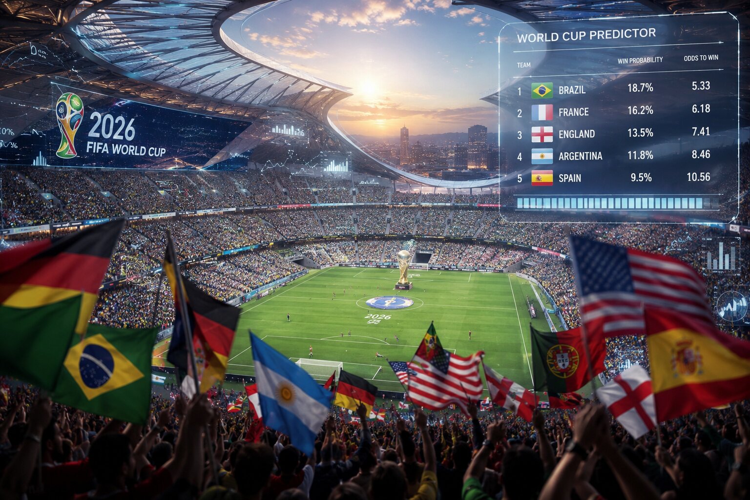 A high-resolution, wide-angle dramatic shot of a futuristic stadium packed with fans