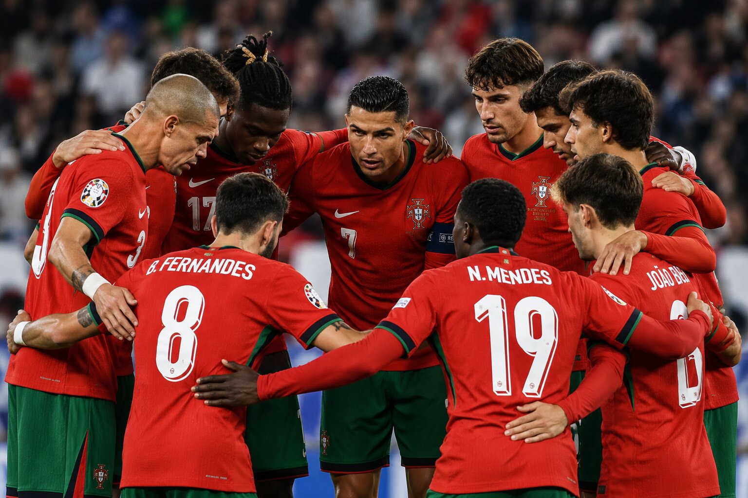 A powerful shot of the Portuguese national team in a pre-match huddle, showcasing the blend of veterans and young stars.